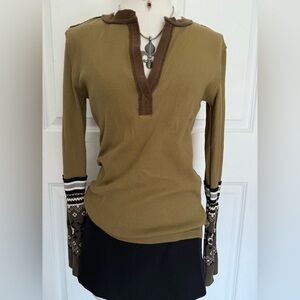 Free People Women's Olive Green Long Sleeve Top with Patterned Cuffs